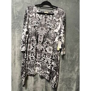 One World Black White Tunic Top 3X Embellished Butterfly Hi Low Hem Plus New